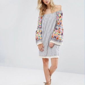 Bardot Dress with Embroidered Sleeves